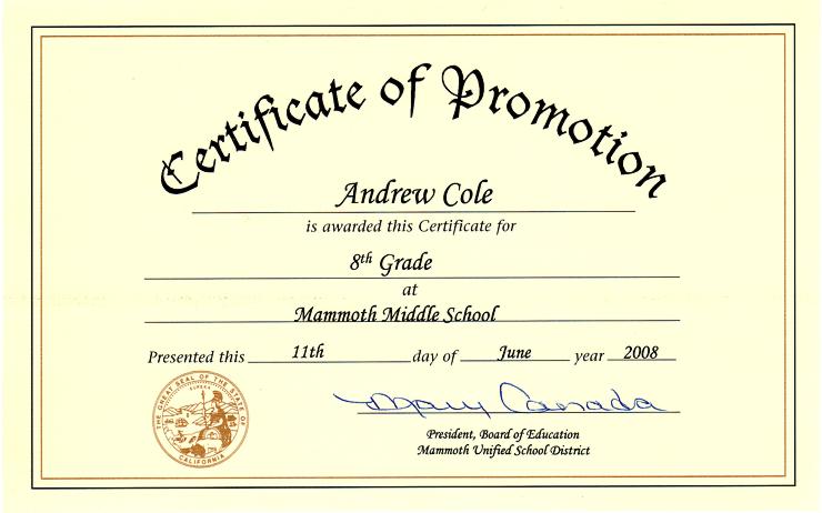 Mammoth Middle School Certificate